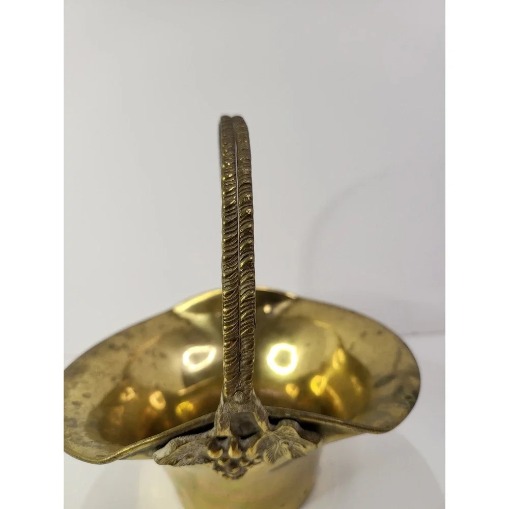 Vintage Brass Basket Grape Leaf Motif Scalloped Edge Decorative Handle India